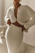 Fuzzy Long Sleeve Button Cardigan and Skirt Set Lavish Daily