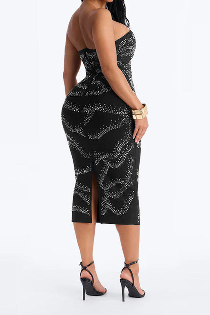 Strapless Rhinestone Bodycon Midi Dress Lavish Daily