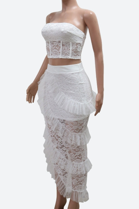 Lace Strapless Top and Ruffle Skirts Sets Lavish Daily