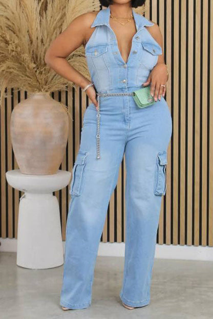 Multi Pocket Denim Halter Backless Jumpsuits Lavish Daily