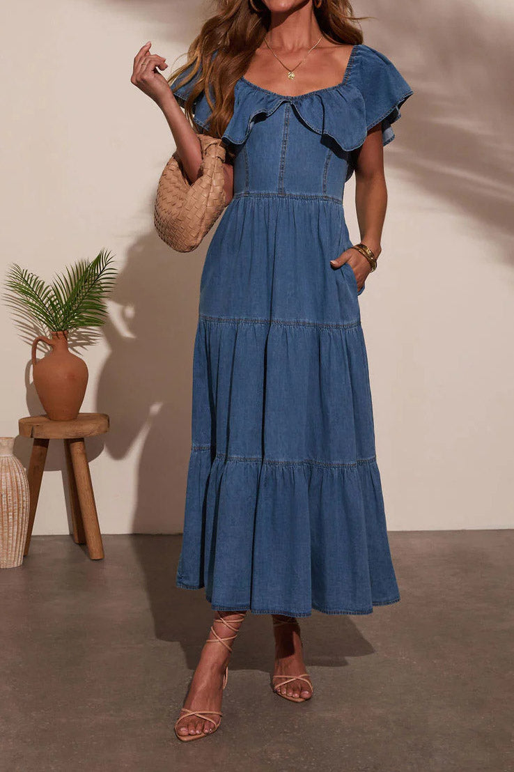 Off Shoulder Ruffle Tiered Denim Dress Lavish Daily