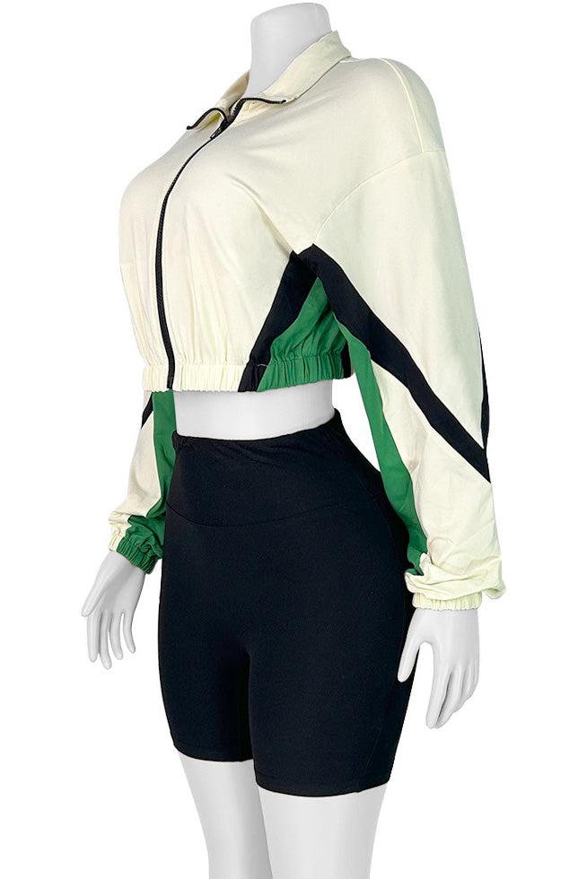 Colorblock Zip-Up Long Sleeve Top & Shorts Set Lavish Daily