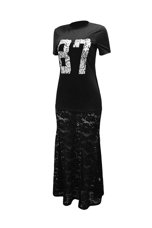 Round Neck Printed Lace Splice Maxi Dress Lavish Daily