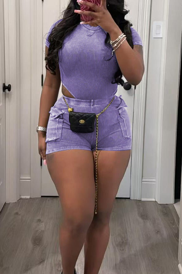 Washed Short Sleeve Pocket Cargo Shorts Set Lavish Daily