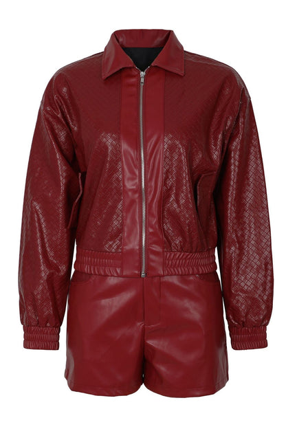 Woven Faux Leather Bomber Shorts Set Lavish Daily