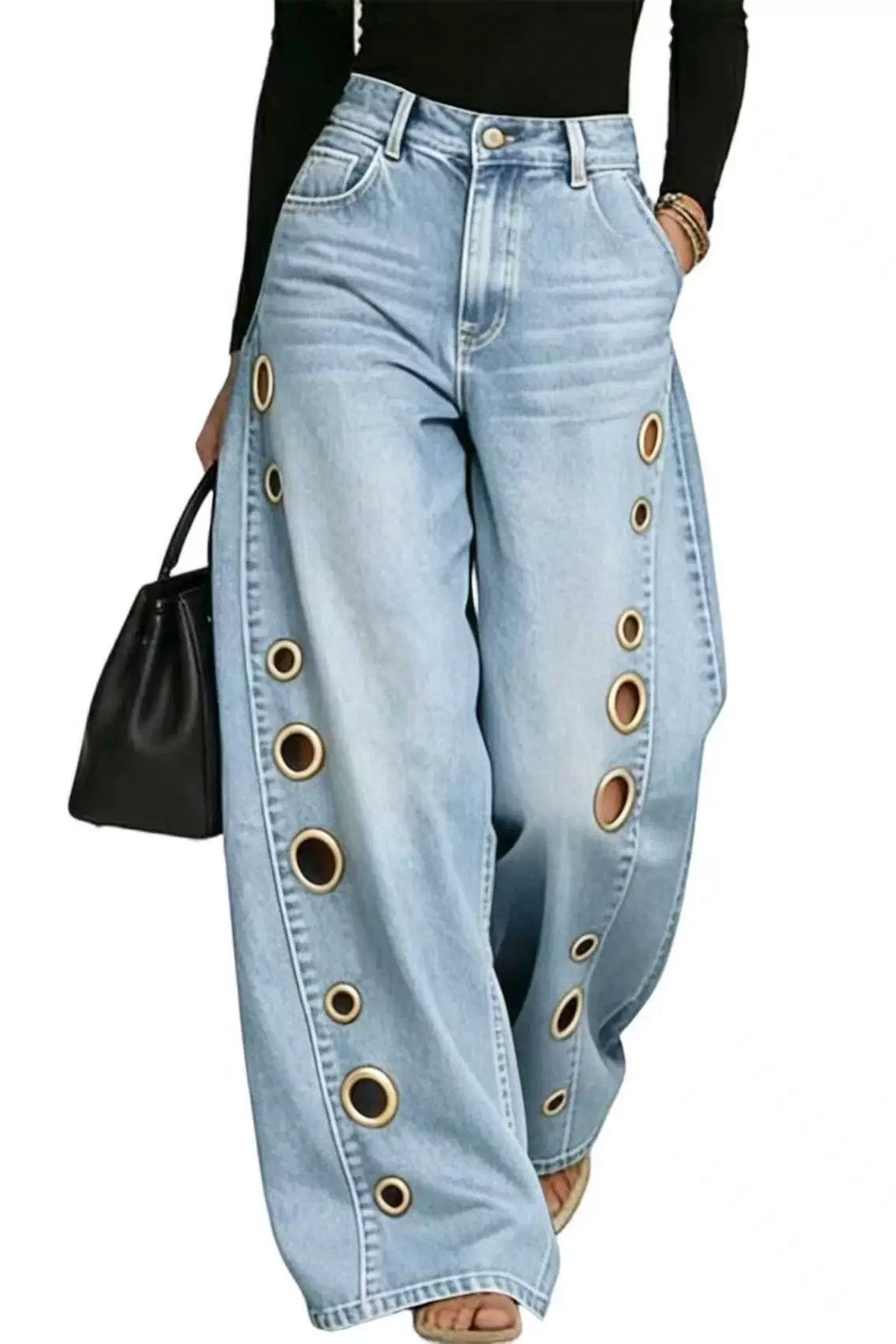 Statement Grommet Wide Leg Jeans Lavish Daily