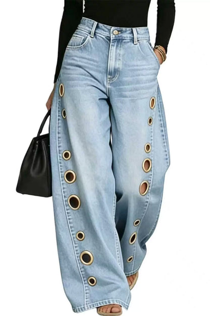 Statement Grommet Wide Leg Jeans Lavish Daily
