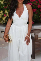 Halter V-Neck Backless Slim Wide Leg Jumpsuit Lavish Daily