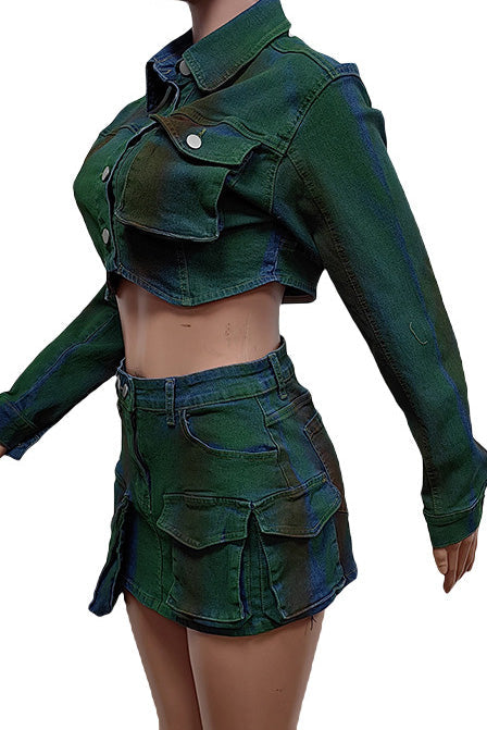 Cropped Denim Jacket and Cargo Skirt Set Lavish Daily