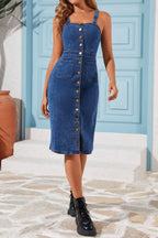 Button Front Fitted Denim Midi Dress Lavish Daily