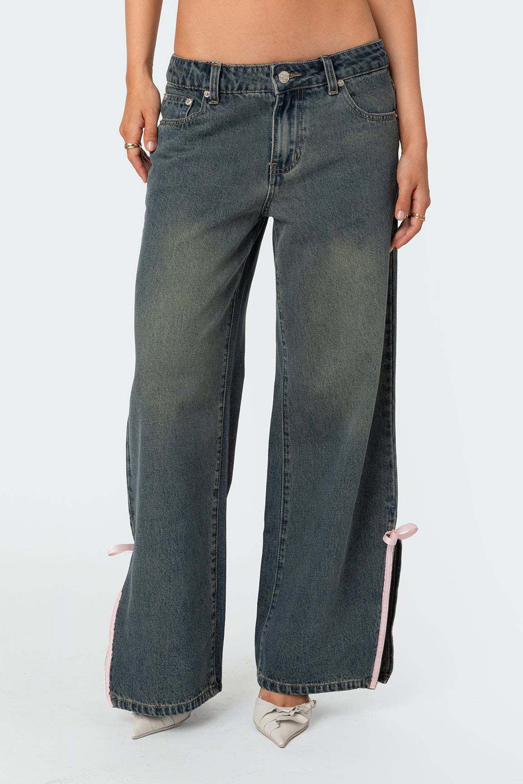 Washed Bow Slit Wide Leg Denim Pants Lavish Daily
