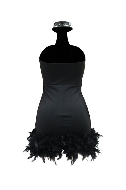 Rhinestone Halter Feather Trim Mini Dress Lavish Daily