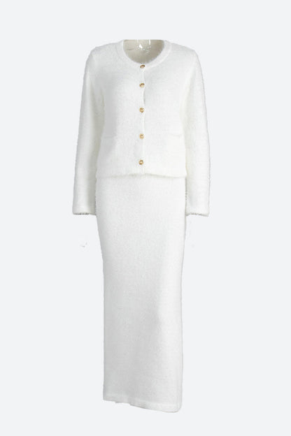 Fuzzy Long Sleeve Button Cardigan and Skirt Set Lavish Daily