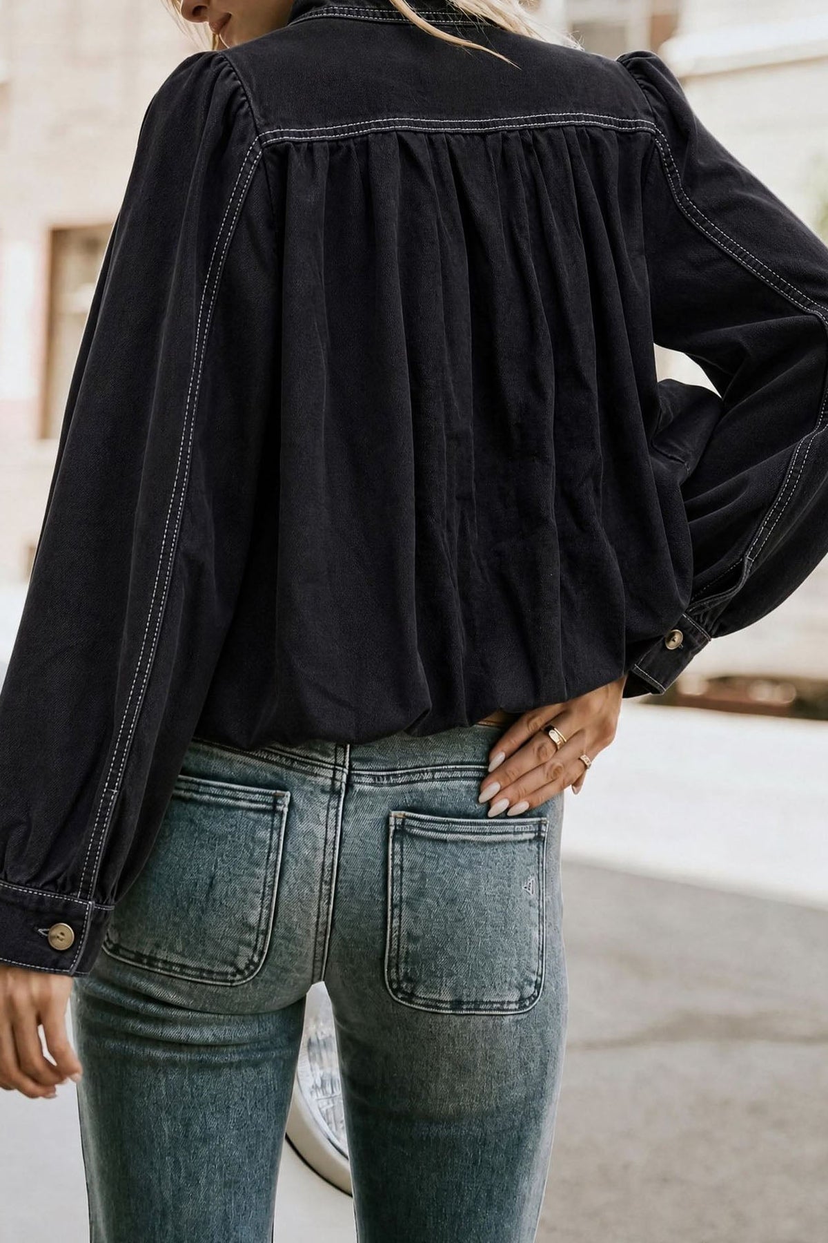 Puff-Sleeve Stand-Collar Denim Jacket Lavish Daily