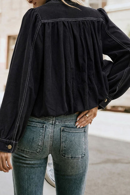 Puff-Sleeve Stand-Collar Denim Jacket Lavish Daily