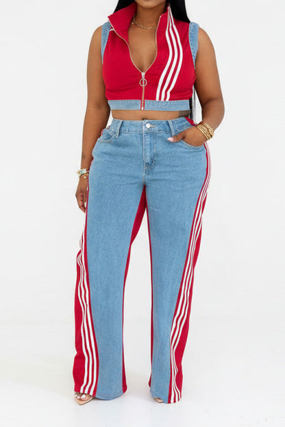 Sporty Striped Denim Crop Vest & Jeans Set Lavish Daily