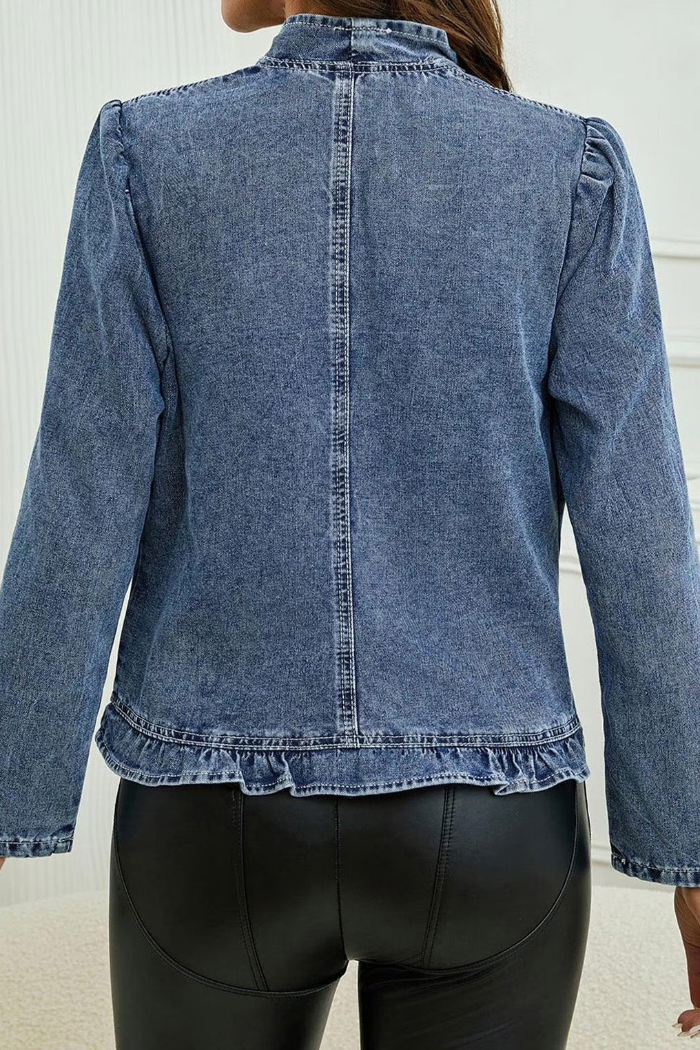 Cascading Ruffle Open Front Denim Jacket Lavish Daily