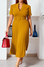 Short Sleeve V-Neck Pleated Slim Waist Dress Lavish Daily