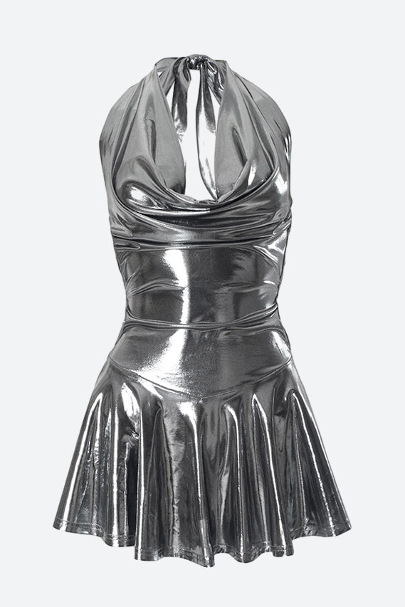 Foil Halter Flare Mini Dress Lavish Daily