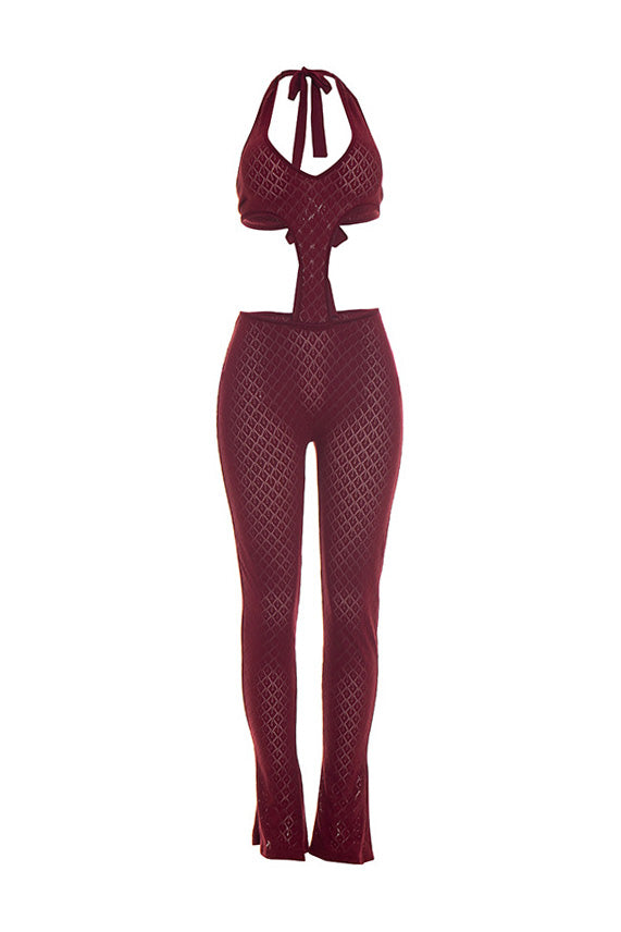 Open-Knit Halter Cutout Catsuit Lavish Daily
