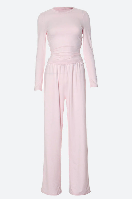 Solid Round-Neck Wide-Leg Lounge Set Lavish Daily