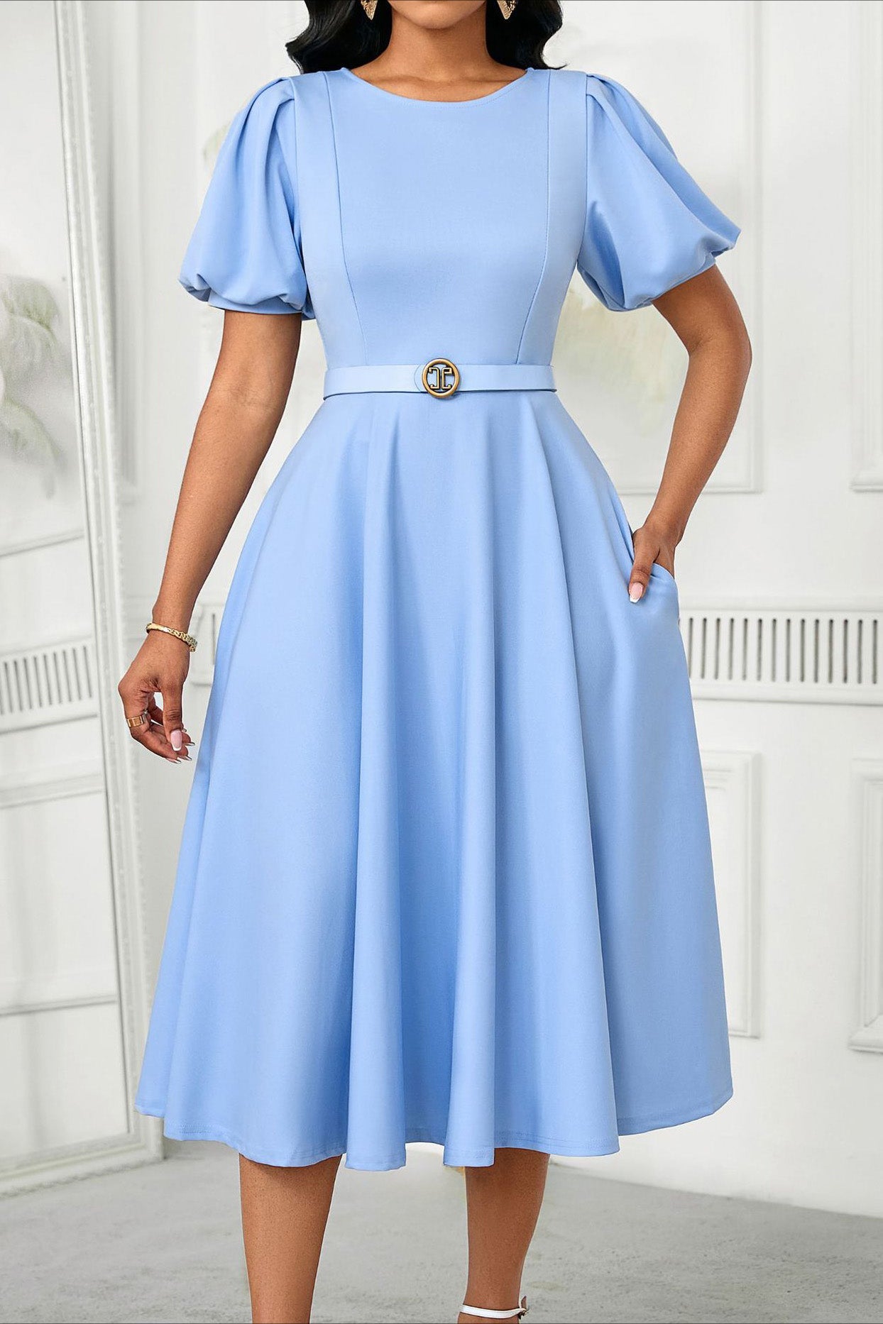 Puff Sleeve High Waist Solid Round Neck Dress Lavish Daily