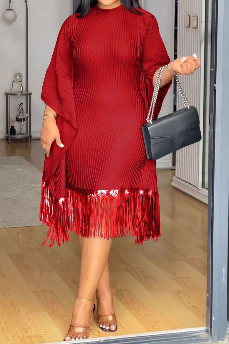 Sequin Fringe Batwing Sleeve Bodycon Dress Lavish Daily