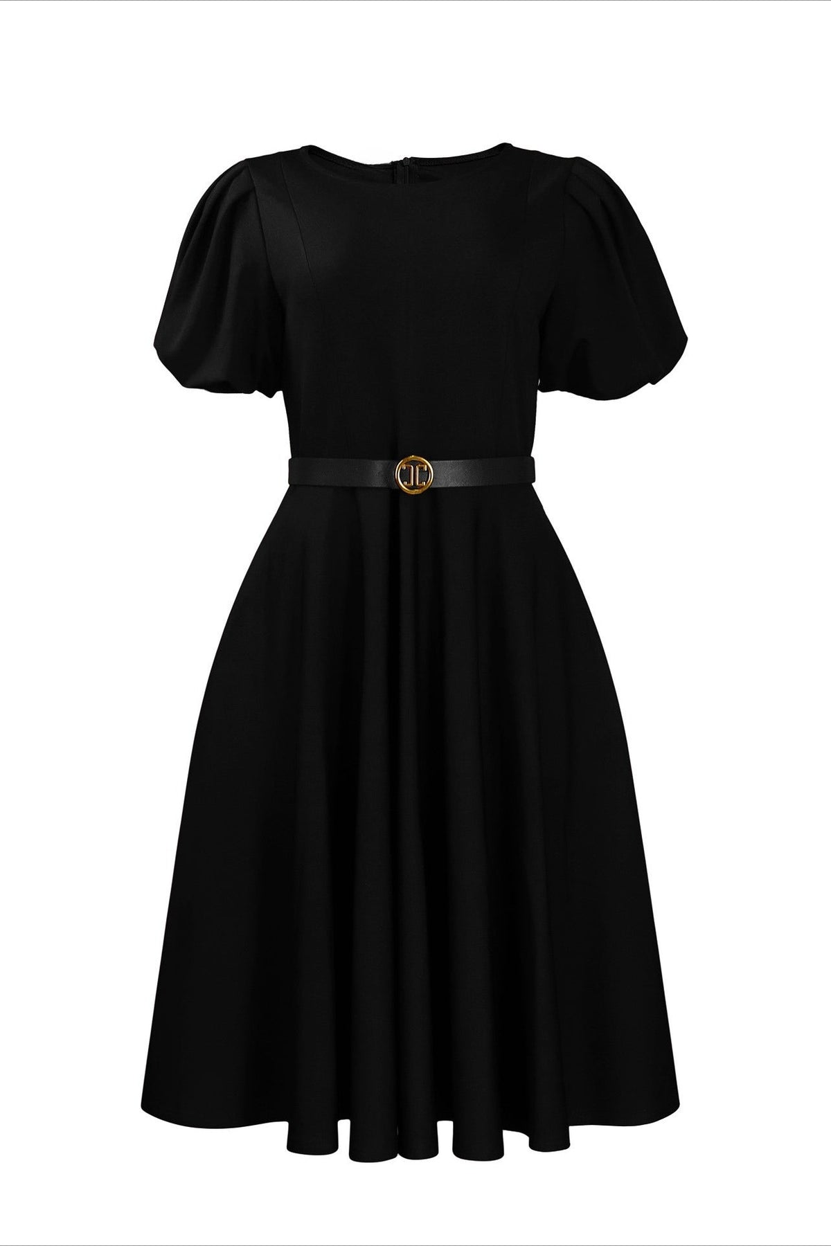 Puff Sleeve Belted A-Line Midi Dress with Pockets Lavish Daily