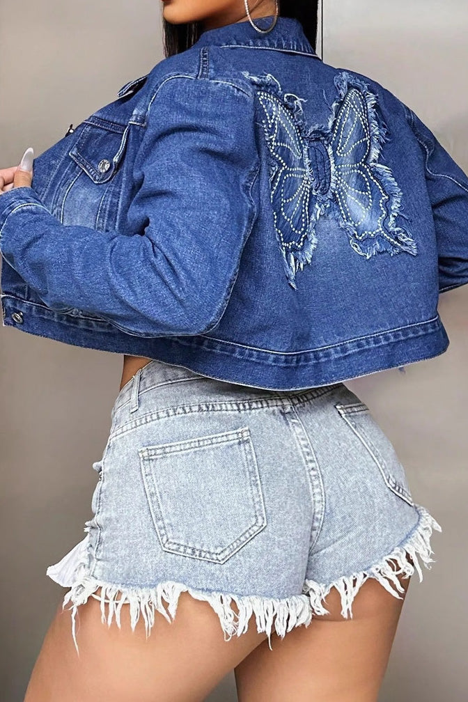 Butterfly Embroidered Crop Denim Jacket Lavish Daily