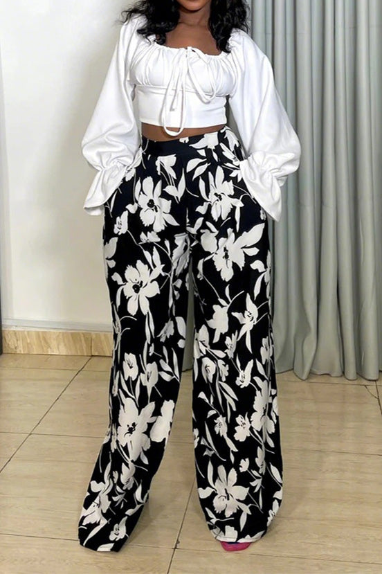 Long Sleeve Top and Printed Wide Leg Pants Set Lavish Daily
