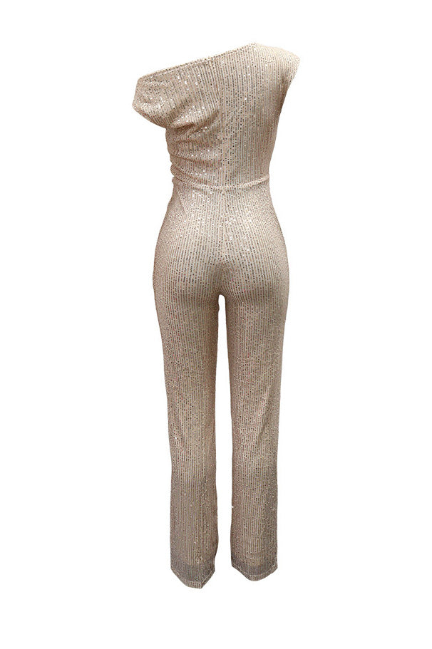 Sequin One-Shoulder Wide Leg Jumpsuit Lavish Daily