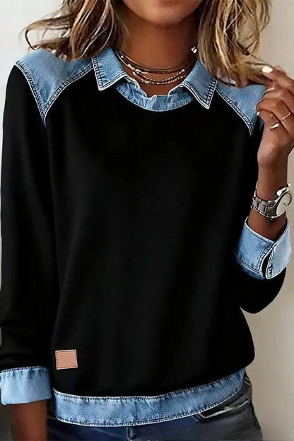 Denim Collar Long Sleeve Knit Pullover Top Lavish Daily