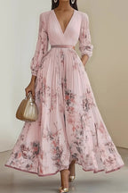 V Neck Floral Long Sleeve A Line Maxi Dress LavishDaily
