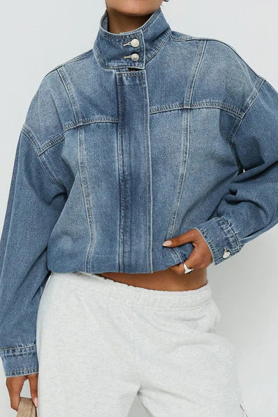 Vintage Washed Denim Stand Collar Jacket Lavish Daily