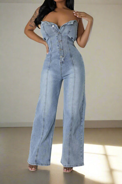 Denim Button Strapless Jumpsuit Lavish Daily