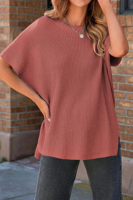 Short Sleeve Side Slit Oversized Sweater Lavish Daily