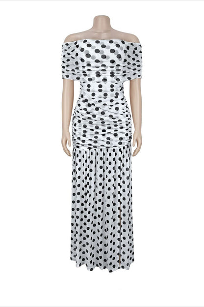 Off-Shoulder Polka Dot Ruched Maxi Dress Lavish Daily
