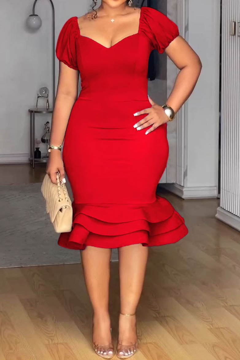 Elegant Ruffle Hem V Neck Wrapped Skirt Dress Lavish Daily