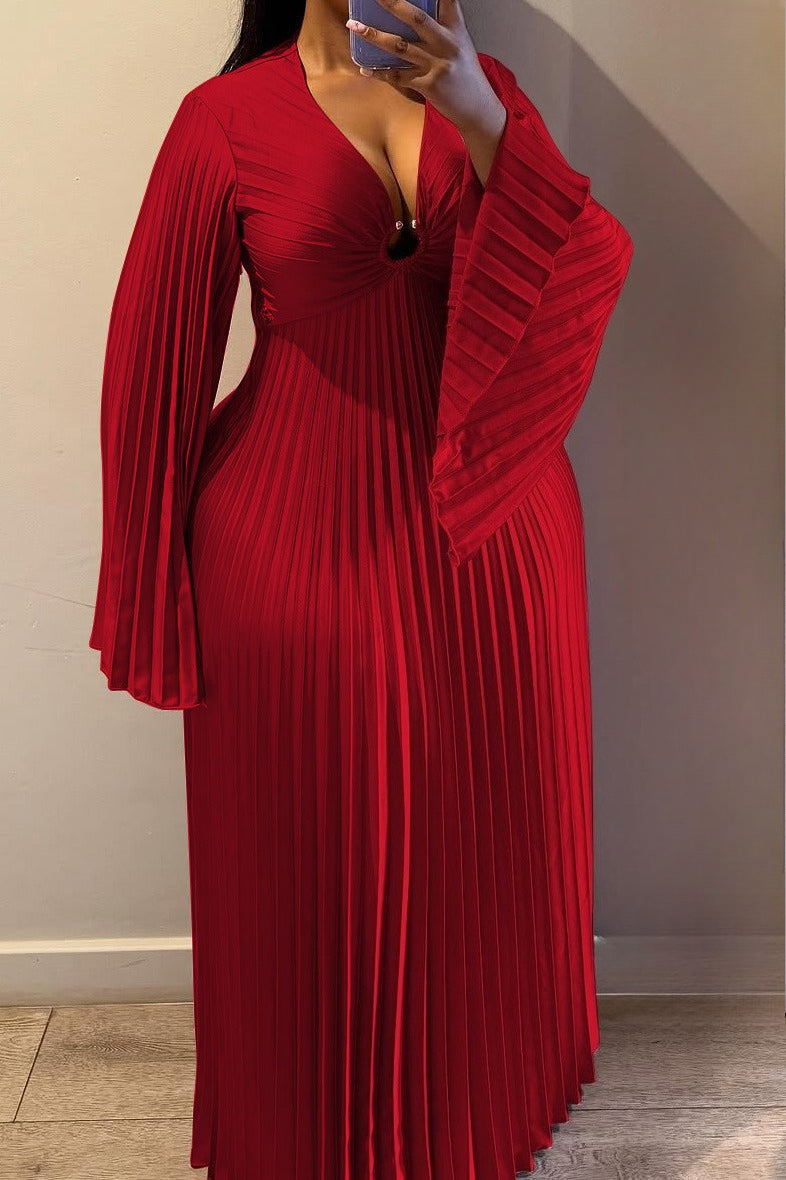 Plus Size V-Neck Pleated Flare Sleeve Maxi Dress Lavish Daily