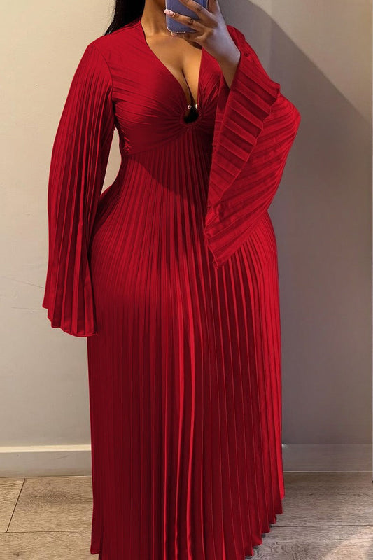 Plus Size V-Neck Pleated Flare Sleeve Maxi Dress Lavish Daily