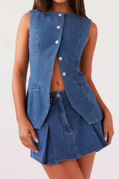 Denim Vest Skirt Sets Lavish Daily