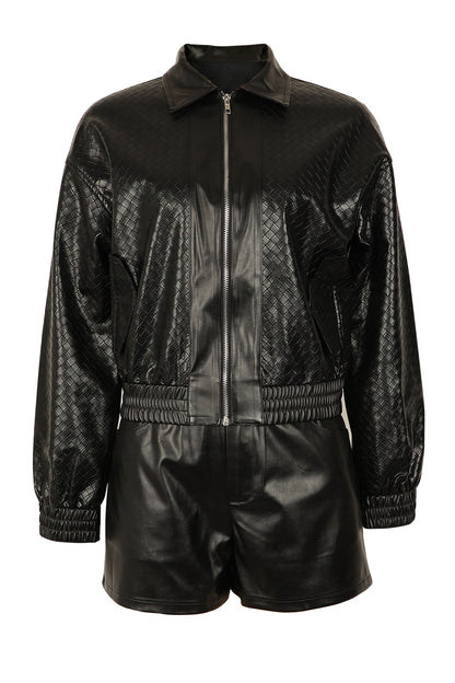 Woven Faux Leather Bomber Shorts Set Lavish Daily