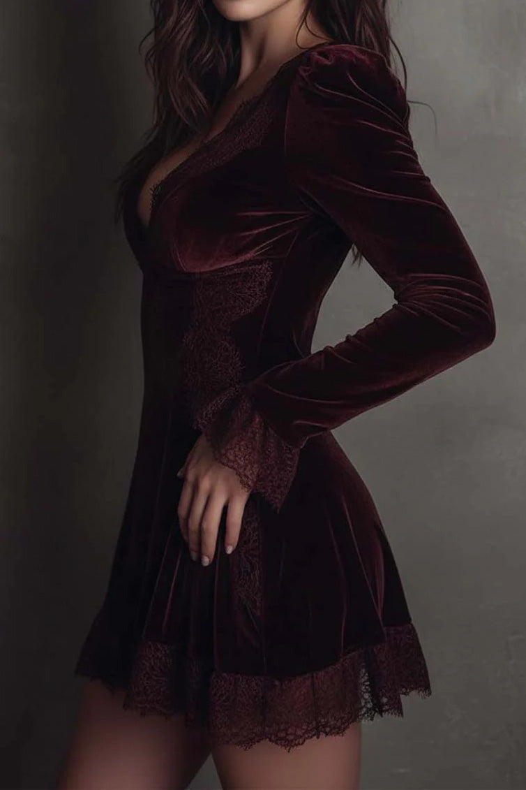 Velvet & Lace Patchwork V-Neck Mini Dress Lavish Daily