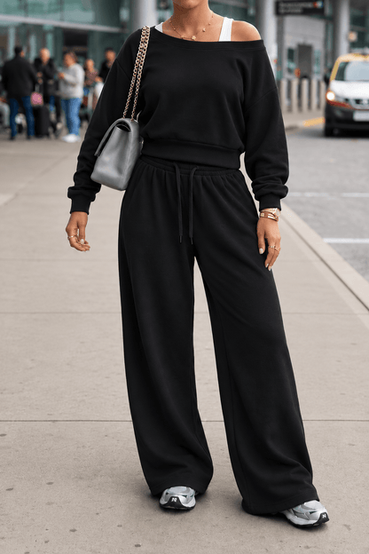Off-Shoulder Sweatshirt & Wide-Leg Pants Set Lavish Daily