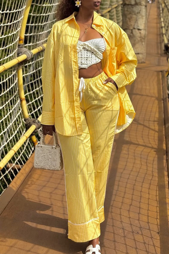 Yellow Striped Shirt & Wide-Leg Pants Set Lavish Daily