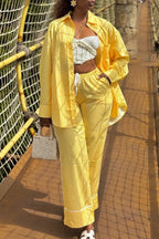 Yellow Striped Shirt & Wide-Leg Pants Set Lavish Daily