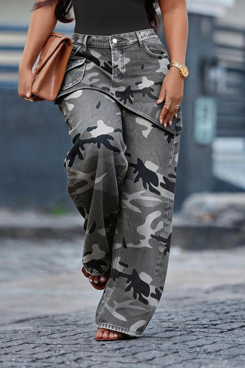 Camo Asymmetrical Skirt Overlay Wide Leg Pants Lavish Daily