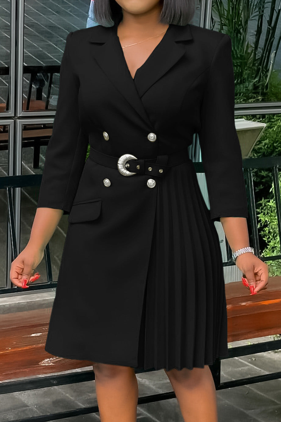 Pleated Patchwork Midi Blazer Dress Lavish Daily