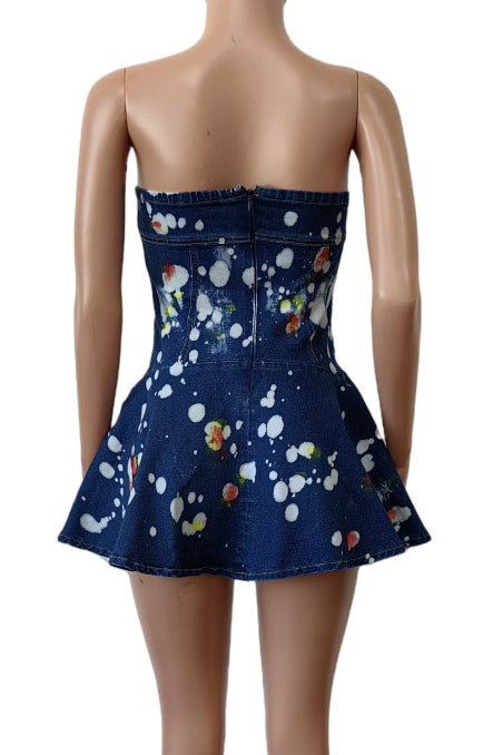 Strapless Print Ruffle Hem Short Denim Dress Lavish Daily