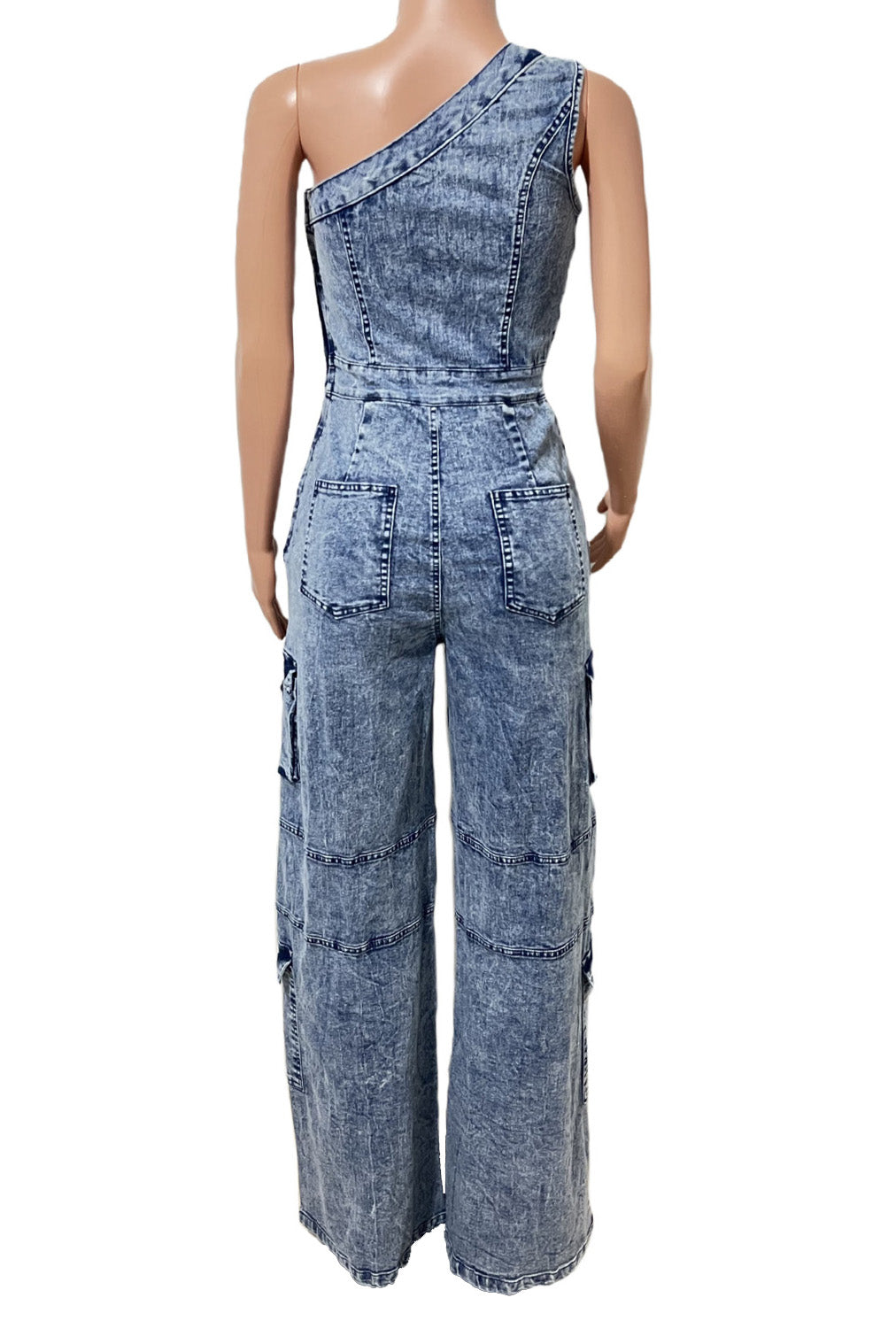 One Shoulder Stretch Denim Jumpsuit Lavish Daily